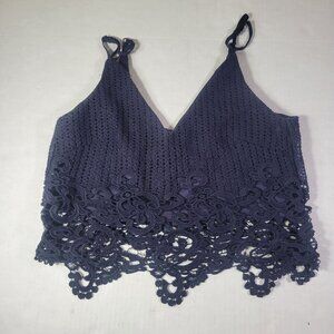 House Of Three Women Navy Blue Elegant Lace Cropped Tank Top Size 6